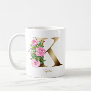 Brev K Guld Monogram Rosa ros Blommigt Kaffemugg
