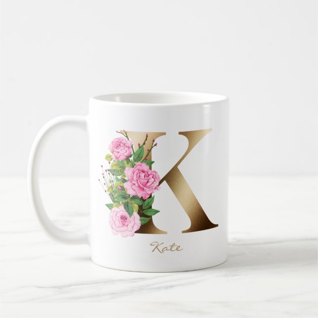 Brev K Guld Monogram | Rosa ros Blommigt Kaffemugg (Vänster)