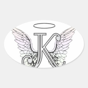Brev K Initial Monogram med Angel Vingar & Halo Ovalt Klistermärke