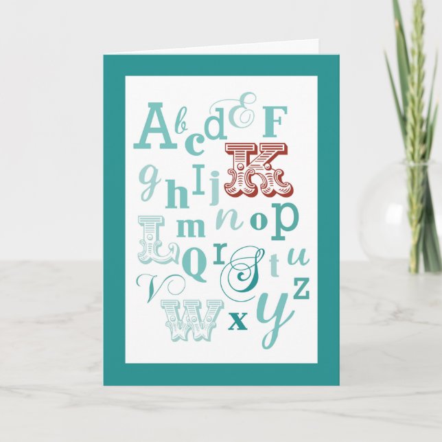 Brev K Initial Namn Alphabet Birthday Teal & Red Kort (Framsida)