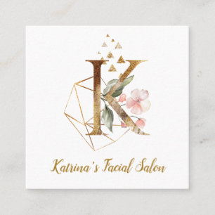 Brev K med guld- geometrisk design och blommor Fyrkantigt Visitkort