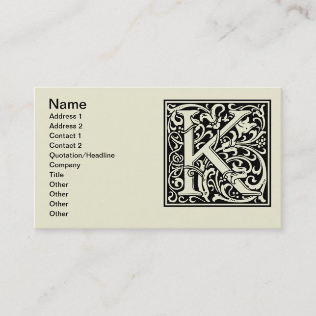 Brev K Medieval Monogram Art nouveau Visitkort (Framsida)