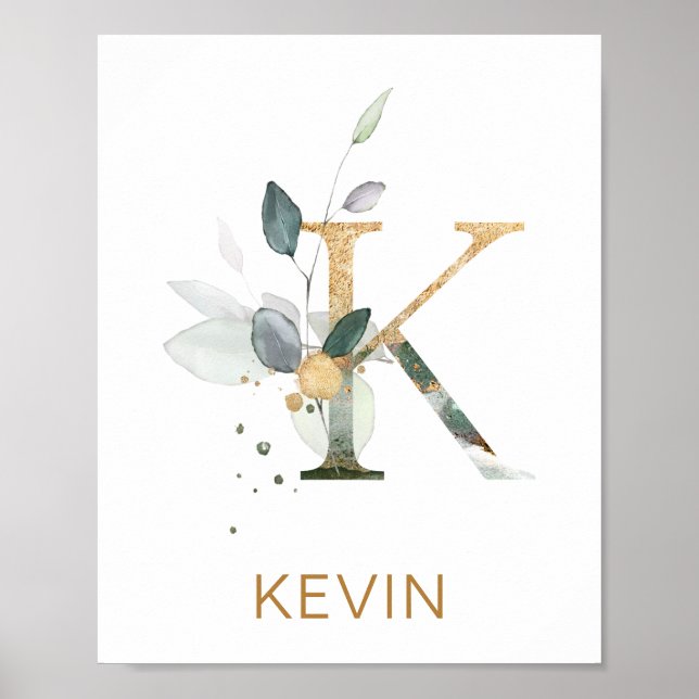 Brev K Monogram Grönt & guld foliage Nursery Poster (Framsidan)