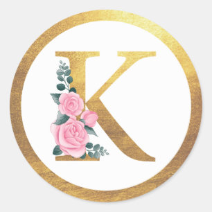 Brev K Monogram Rosa ros Blommigt och Elegant Guld Runt Klistermärke