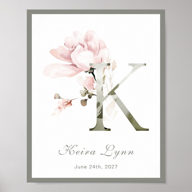 Brev K Monogram Rosa Vit Blommigt Nursery Poster (Framsidan)