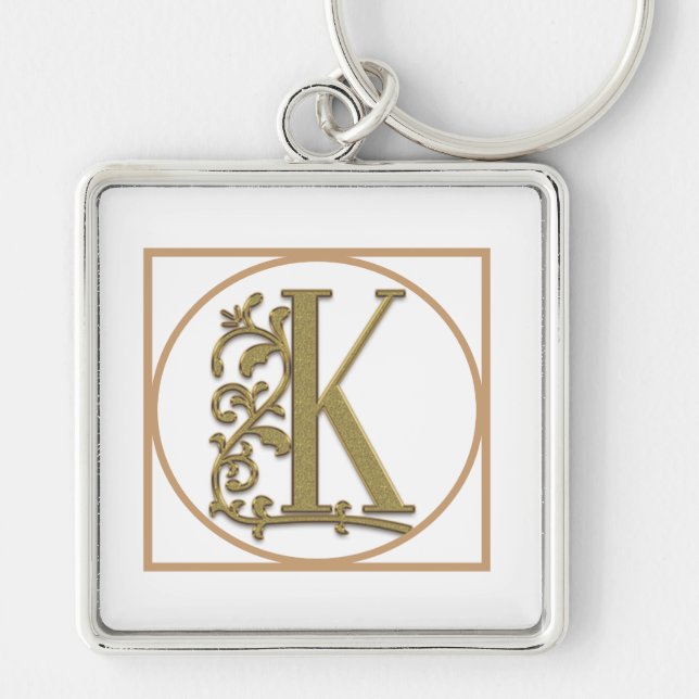 BREV K MONOGRAM Vackert Bröllop New Home Gift Fyrkantig Silverfärgad Nyckelring (Framsidan)