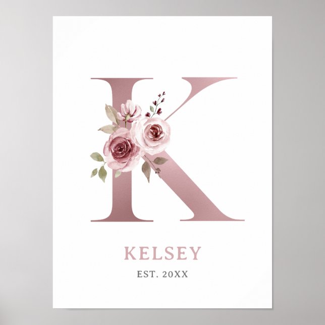 Brev K Monogram Watercolor Ro Blommigt Nursery Poster (Framsidan)