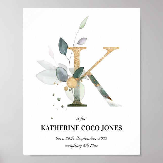 Brev K Nyfödd bebis Monogram Birth Print Greenery Poster (Framsidan)
