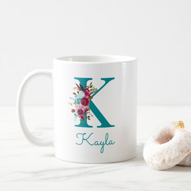 Brev K Teal Rosa Blommig Kaffemugg (Med munk)