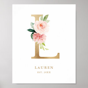 Brev L  Blommigt Monogram Guld Foil Nursery Poster