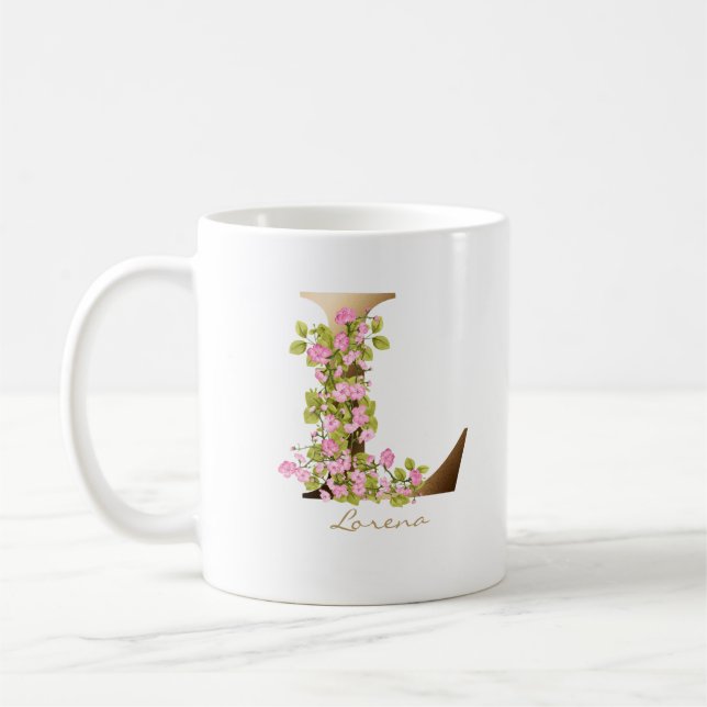 Brev L Guld Monogram | Rosa Cherry Blommars Kaffemugg (Vänster)
