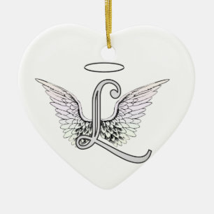 Brev L Initial Monogram med Angel Vingar & Halo Julgransprydnad Keramik