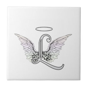 Brev L Initial Monogram med Angel Vingar & Halo Kakelplatta