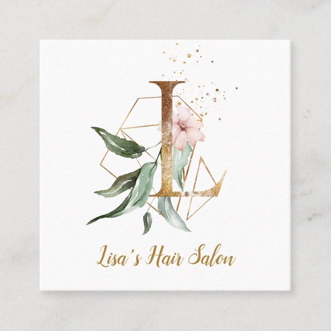 Brev L med guld- geometrisk design och blommor Fyrkantigt Visitkort (Framsida)