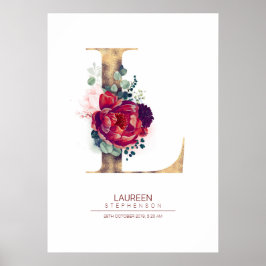 Brev L Monogram Blommigt Burgundy Red och Guld Poster