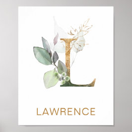 Brev L Monogram Grönt & guld foliage Nursery Poster