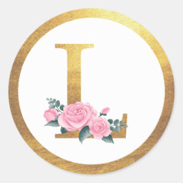 Brev L Monogram Rosa ros Blommigt och Elegant Guld Runt Klistermärke
