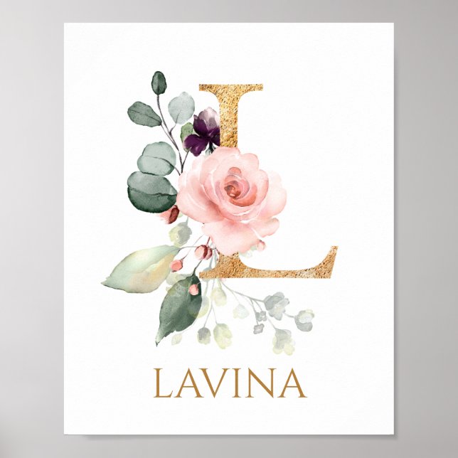 Brev L Monogram rosa ros Nursery Poster (Framsidan)