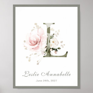Brev L Monogram Rosa Vit Blommigt Nursery Poster