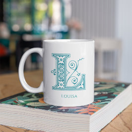 Brev L Teal Monogram Modern Namn-kaffe Mugg