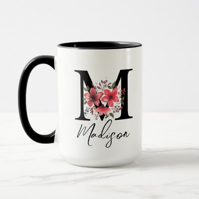 Brev M Black Monogram Rosa Blommigt Arrangemang Mugg (Vänster)