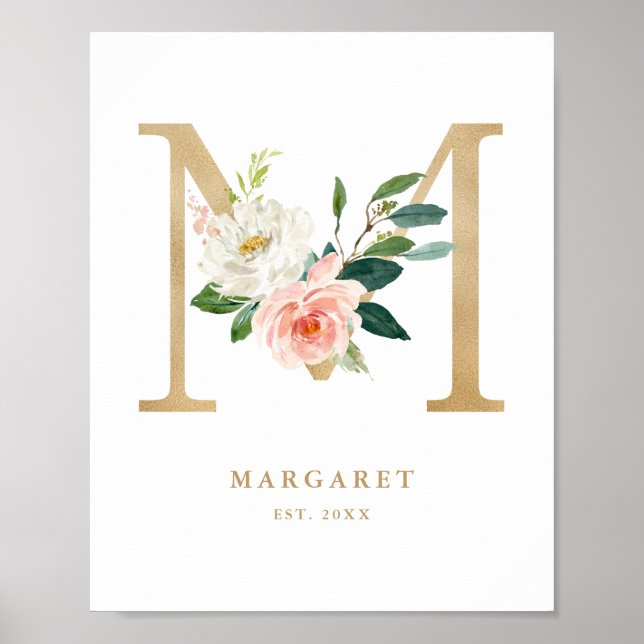 Brev M  Blommigt Monogram Guld Foil Nursery Poster (Framsidan)