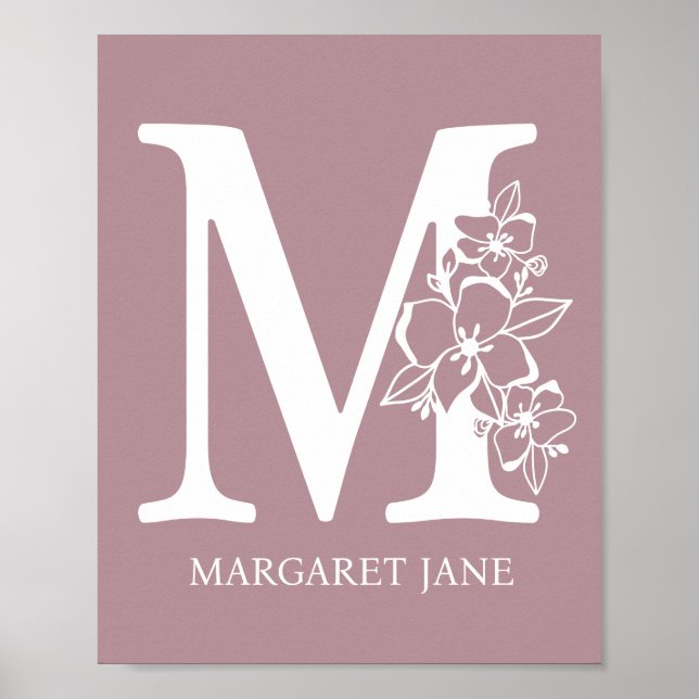 Brev M Blommigt Monogram Namn Nursery Modern Poster (Framsidan)