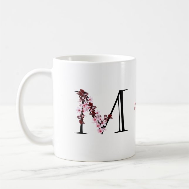 Brev M, Cherry Blommar | Monogram Script Namn Kaffemugg (Vänster)