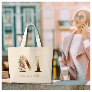 Brev M Elegant Blommigt Guld Monogram Jumbo Tygkasse