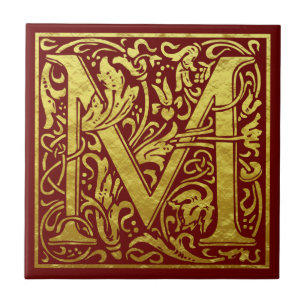 Brev M första Brev Faux Guld Red Kakelplatta