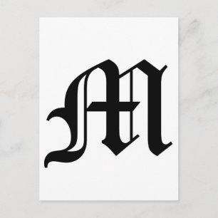 Brev M Gammal engelsk text på vit bakgrund Vykort