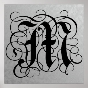 Brev M, Gothic Monogram Black Poster