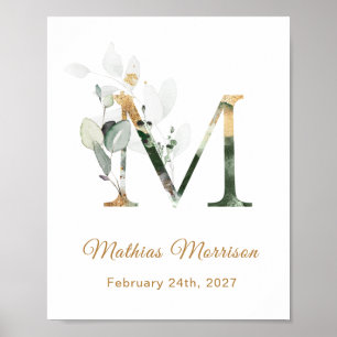 Brev M Grönt & guld blad Baby födelse Poster