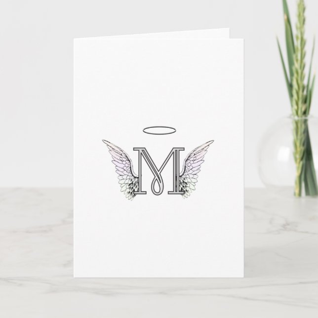 Brev M Initial Monogram med Angel Vingar & Halo Anteckningskort (Framsida)