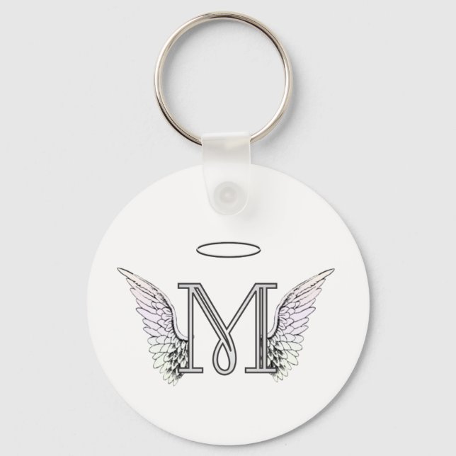 Brev M Initial Monogram med Angel Vingar & Halo Nyckelring (Framsida)