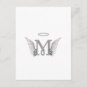 Brev M Initial Monogram med Angel Vingar & Halo Vykort