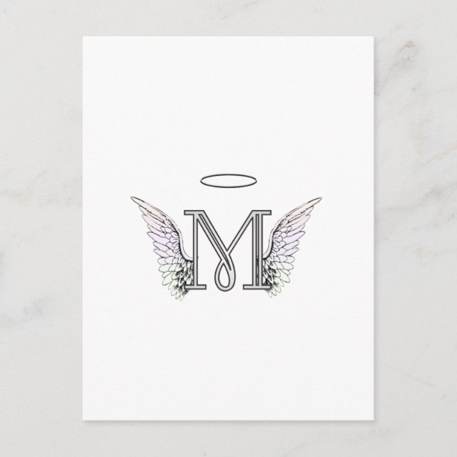 Brev M Initial Monogram med Angel Vingar & Halo Vykort (Framsida)