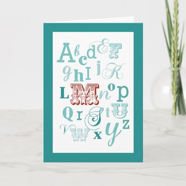 Brev M Initial Namn Alphabet Birthday Teal & Red Kort (Framsida)