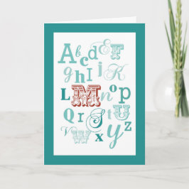 Brev M Initial Namn Alphabet Birthday Teal & Red Kort