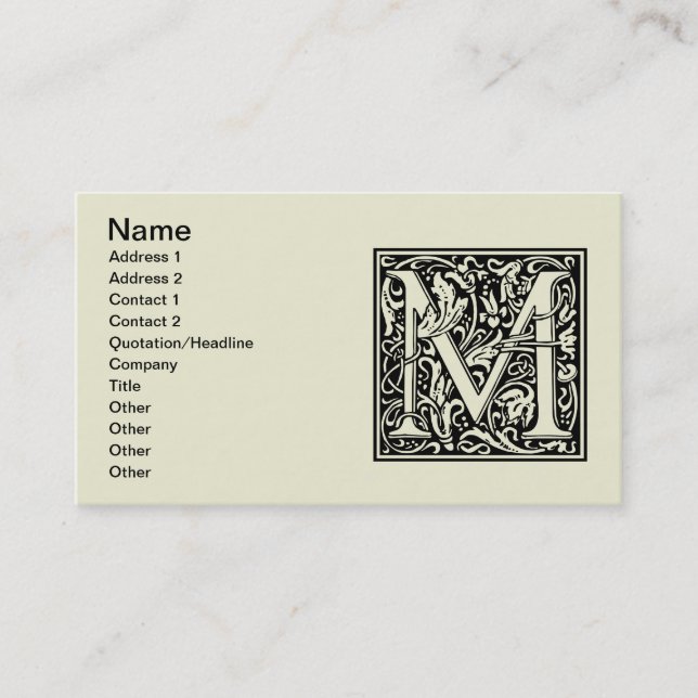 Brev M Medieval Monogram Art nouveau Visitkort (Framsida)