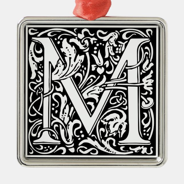 Brev M Medieval Monogram Vintage Inledande Julgransprydnad Metall (Framsidan)