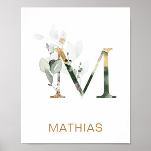 Brev M Monogram Grönt & guld foliage Nursery Poster