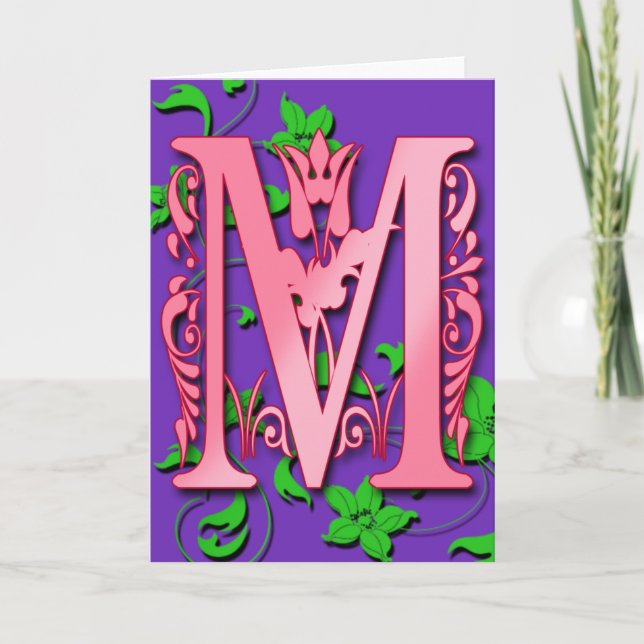 Brev M Monogram Initial on Rosa Lila Cards Anteckningskort (Framsida)