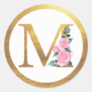 Brev M Monogram Rosa ros Blommigt och Elegant Guld Runt Klistermärke