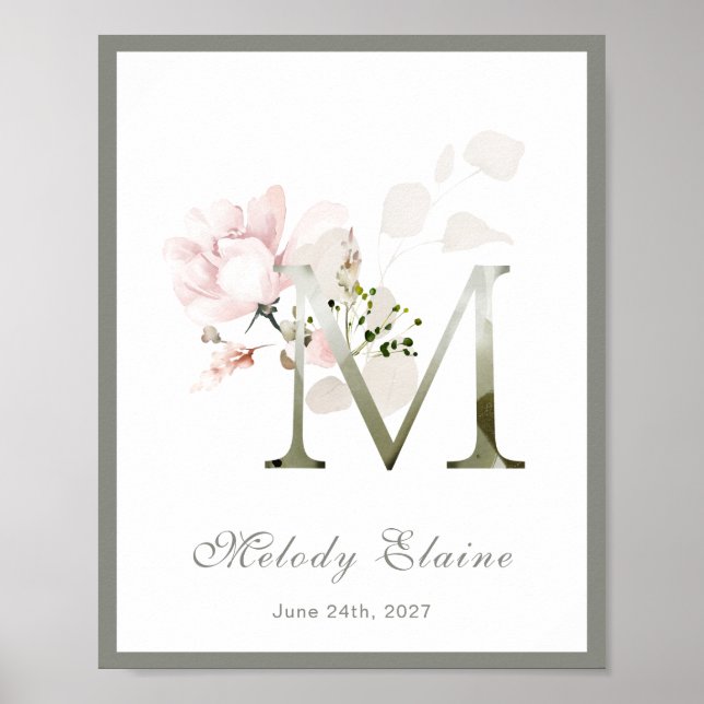 Brev M Monogram Rosa Vit Blommigt Nursery Poster (Framsidan)
