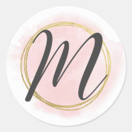 Brev M Monogram  Rosa Watercolor Guld Chic Runt Klistermärke