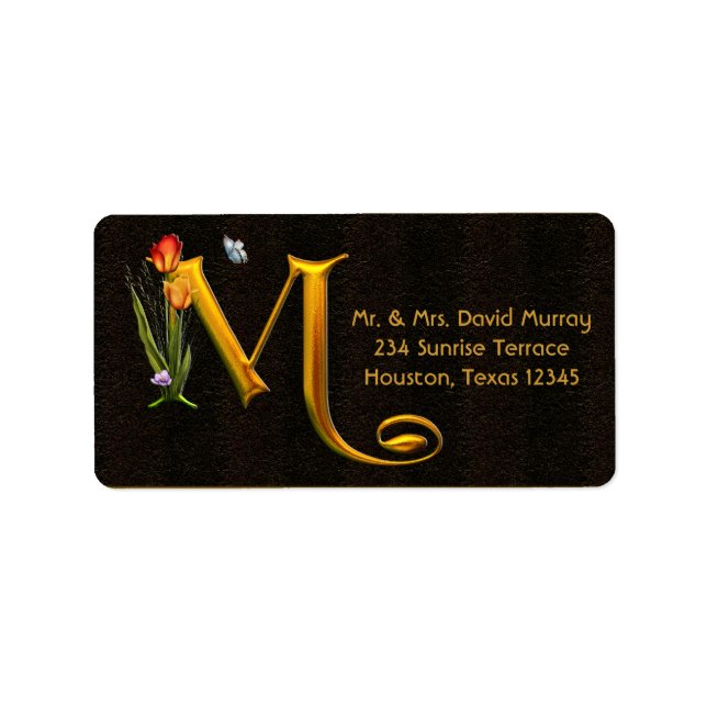 Brev M Monogram Tulips Butterfly-Adressetiketter Adressetikett (Framsidan)