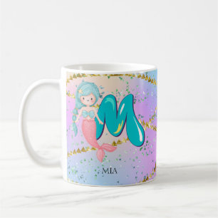 Brev M Monogram Watercolor Cute Sjöjungfru Nursery Kaffemugg