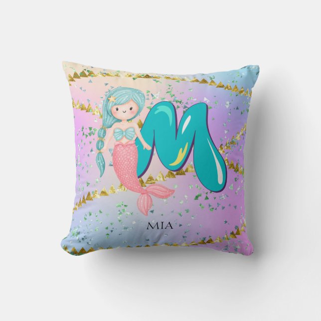 Brev M Monogram Watercolor Cute Sjöjungfru Nursery Kudde (Framsida)