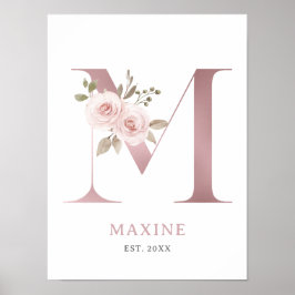 Brev M Monogram Watercolor Ro Blommigt Nursery Poster